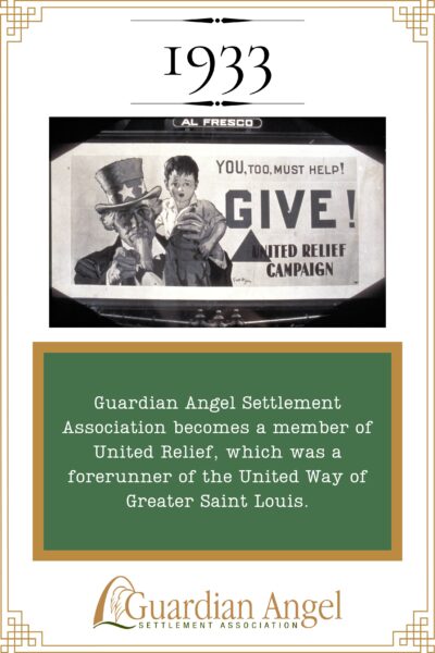 Guardian Angel Settlement Association becomes a member of United Relief, which was a forerunner of the United Way of Greater Saint Louis